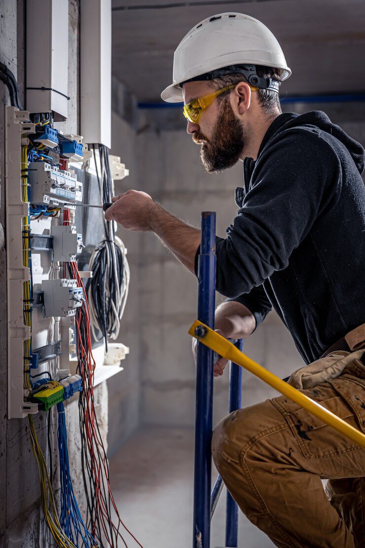 male-electrician-works-switchboard-with-electrical-connecting-cable_169016-15207 A male electrician works in a switchboard with an electrical connecting cable.<br />